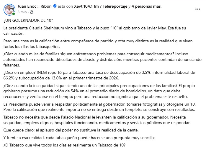 xevtfm's tweet photo. 🗣️"Una cosa es la calificación entre compañeros de partido y otra muy distintas es la realidad que viven todos los días los tabasqueños", dice Juan Enoc Ribón, dirigente de 'Somos' en #Tabasco al cuestionar el 10 que le dio la presidenta Sheinbaum al gobierno de Javier May https://t.co/yIilJxEcYK