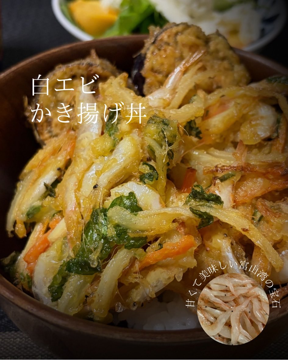 MetsanChattailu's tweet photo. 日々の支度｜
富山の宝石、白エビが手に入ったので、かき揚げを作りました。

ご飯に合わせて丼ものに。

それにしても、かき揚げってば作るの難しい。サクッと成功した部分と、ペチョっともたついたところと。

リベンジしたいところ、油の摂取量がポテチより多いと聞き…、断念。

#おうちごはん https://t.co/Kq31OPLR1m