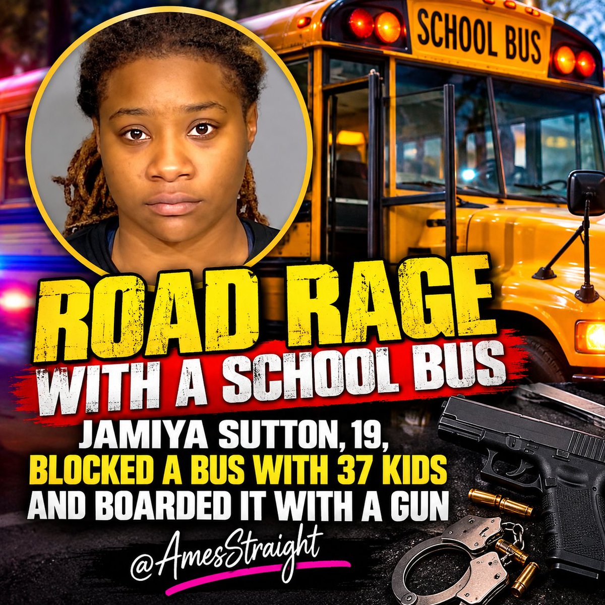 AmesStraight's tweet photo. ROAD RAGE — WITH 37 CHILDREN ON THE BUS!! 

A 19-year-old Indianapolis woman is facing multiple charges after police say a road-rage incident escalated into her forcing her way onto a school bus while armed with a handgun.

According to court documents, Jamiya Sutton told police a school bus pulled out in front of her on Sept. 16, causing her to hit a construction sign.

But instead of calling police and letting it end there, authorities say she followed the bus.

When it wouldn't stop, Sutton allegedly drove around it and deliberately parked her Kia crookedly in front of the bus so it couldn't leave.

There were 37 CHILDREN ON BOARD.

The bus driver told investigators Sutton then got out carrying a black handgun, walked around the bus waving it and yelled for the driver to come outside.

The driver refused.

Police say Sutton then forced open the bus door, climbed aboard WITH THE GUN and continued yelling and waving it around.

Thankfully, no injuries were reported.

When officers arrived, they reportedly found a Glock 17 Gen 4 underneath Sutton's driver's seat with a magazine containing 21 live rounds.

And here's another disturbing detail:

Court records reportedly show Sutton had been arrested just FIVE DAYS EARLIER in a separate road-rage case in which she was accused of displaying a handgun at another driver.

Sutton now faces three felony charges — including criminal confinement with a deadly weapon and pointing a firearm — plus a misdemeanor charge of unauthorized entry of a motor vehicle.

All of this allegedly started over a traffic dispute.

Thirty-seven children were sitting on that bus while an adult road-rage confrontation escalated to a loaded gun.

Absolutely terrifying.