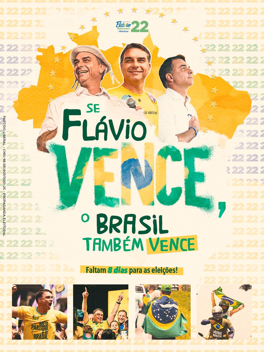 plnacional_'s tweet photo. Faltam só 8 dias, Brasil!

Está cada dia mais próximo do momento de mudar os rumos da nação.

Para livrar o país do PT, para o Brasil vencer, vote Flávio Bolsonaro, 22!

Já faça a sua colinha, veja os números dos nossos candidatos no seu estado e não deixe de votar 2️⃣2️⃣! https://t.co/vIrxpRQym2