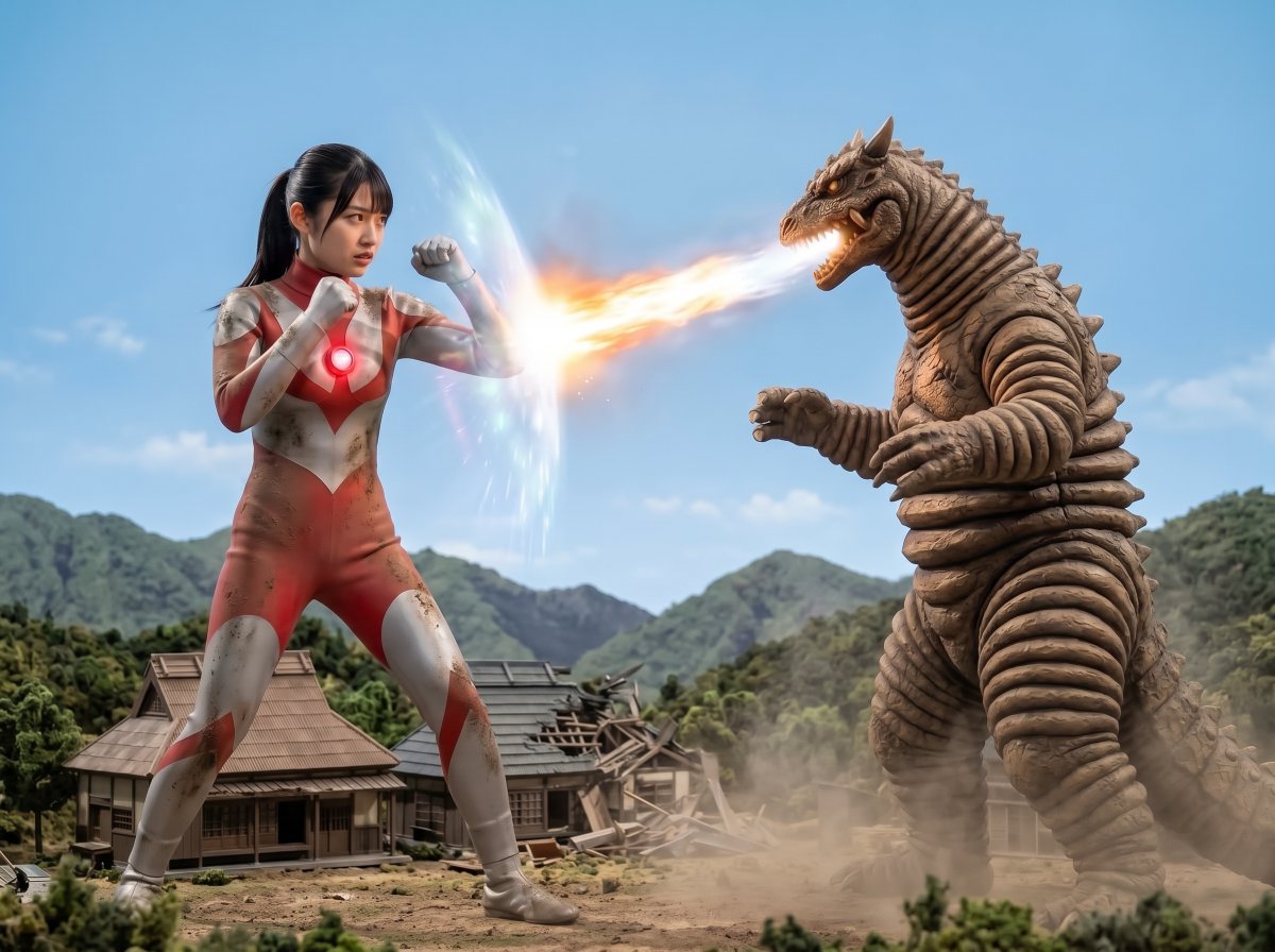 1ctDMMbp1DXk4n3's tweet photo. ウル○ラ系ヒロイン　農村での闘い⑩
「ついに怪獣が熱線を吐きます。最初は家を焼き払って威嚇してきますが、怯むわけにはいきません。すると怪獣は私めがけて熱線を吐いてきます。体力の消耗が進むのを覚悟でバリアを張ります。熱線の圧におされて倒れこみ、ストンピングを喰らいます」
#水野凜 https://t.co/JmT52ma91T