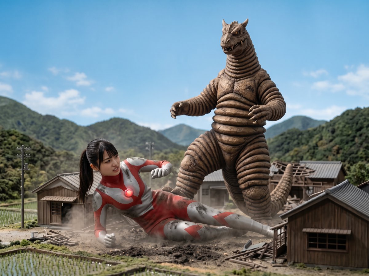 1ctDMMbp1DXk4n3's tweet photo. ウル○ラ系ヒロイン　農村での闘い⑩
「ついに怪獣が熱線を吐きます。最初は家を焼き払って威嚇してきますが、怯むわけにはいきません。すると怪獣は私めがけて熱線を吐いてきます。体力の消耗が進むのを覚悟でバリアを張ります。熱線の圧におされて倒れこみ、ストンピングを喰らいます」
#水野凜 https://t.co/JmT52ma91T