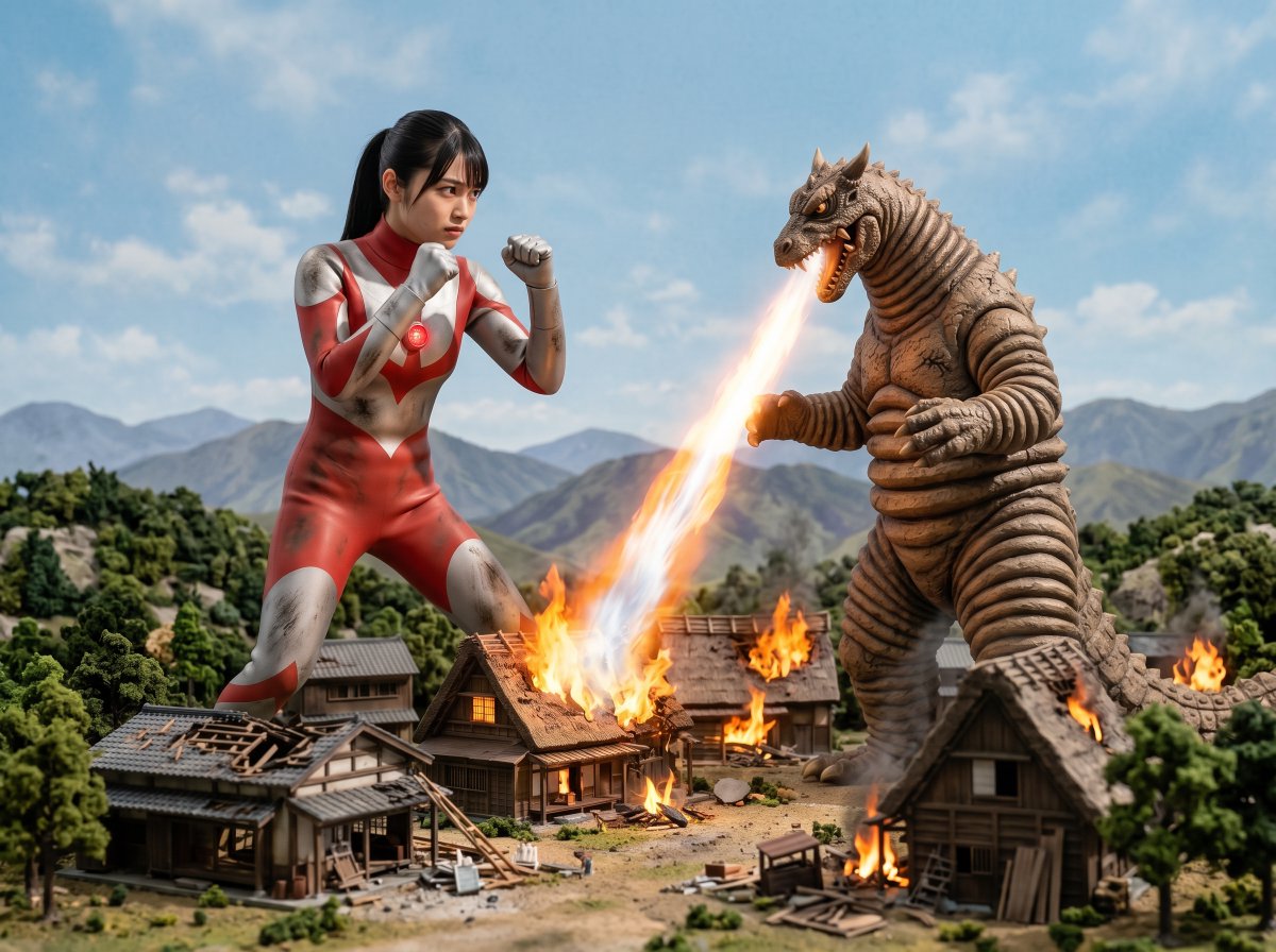 1ctDMMbp1DXk4n3's tweet photo. ウル○ラ系ヒロイン　農村での闘い⑩
「ついに怪獣が熱線を吐きます。最初は家を焼き払って威嚇してきますが、怯むわけにはいきません。すると怪獣は私めがけて熱線を吐いてきます。体力の消耗が進むのを覚悟でバリアを張ります。熱線の圧におされて倒れこみ、ストンピングを喰らいます」
#水野凜 https://t.co/JmT52ma91T