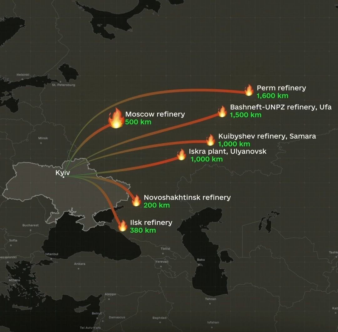 BohuslavskaKate's tweet photo. Russia is still living in the fantasy that it can bomb Ukraine without consequences.

​They targeted our infrastructure since the first winter of the war, now, their own oil refineries are up in flames.

​They are escalating their strikes, killing civilians on the streets and shopping malls, destroying data centers and businesses, and planning to freeze us again this winter.

​But two can play that game. After years, Ukraine is finally ready to answer.