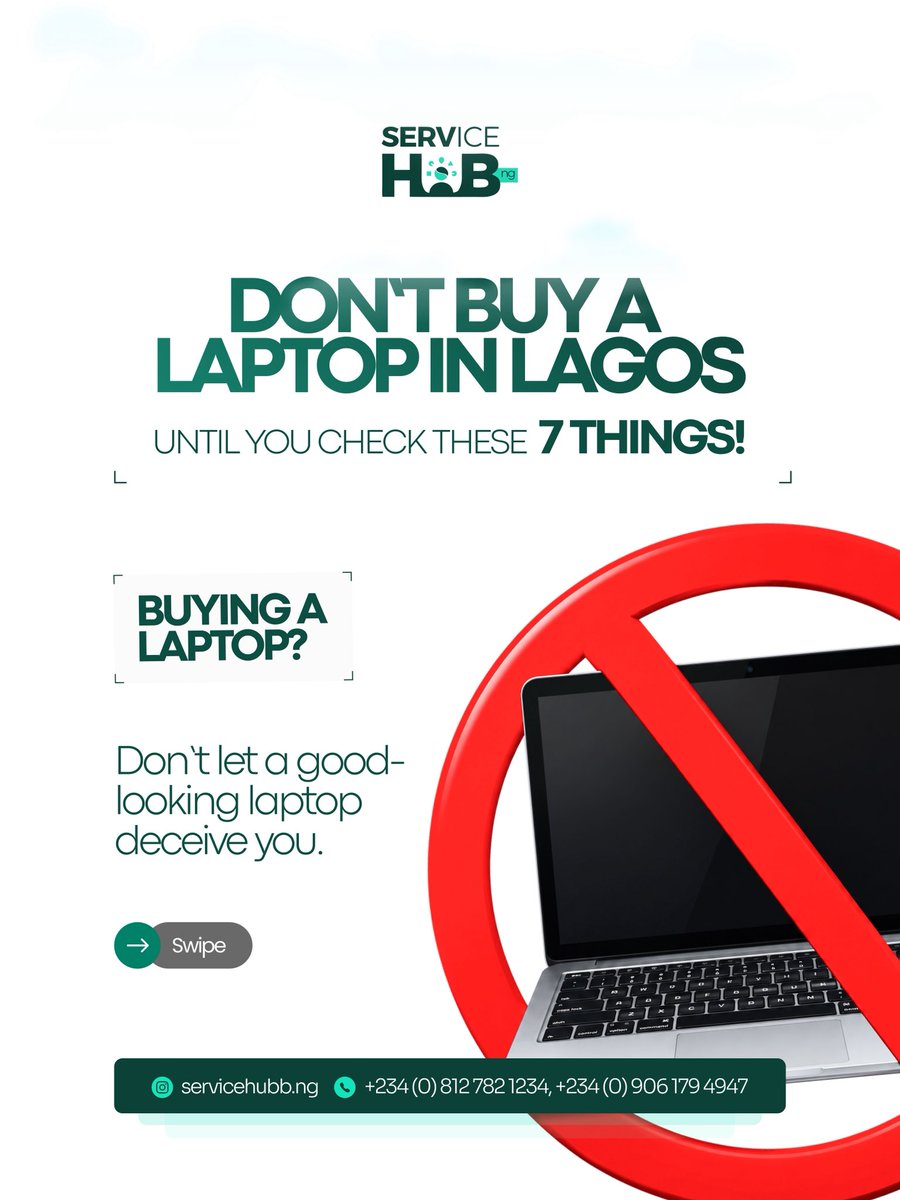 servicehubb_ng's tweet photo. Before you buy a laptop in Lagos, make sure you check these 7 things.

In our today’s world, buying a laptop is an important investment. 

Therefore, take time to verify the following:

#laptopbuyingtips #servicehub #techtips #lagostech https://t.co/deJ768PLCN