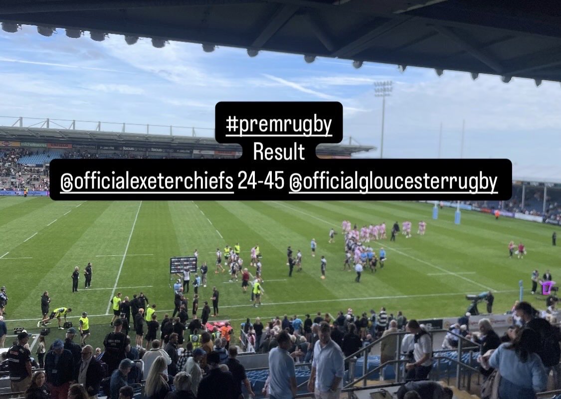 andywyman's tweet photo. #premrugby result @ExeterChiefs 24-45 @gloucesterrugby . Bonus point win away from home for Gloucester. 2 tries for Dewi Lake and a screamer for Will Joseph . @BBCGlos #greatstart https://t.co/BkDG9IvNjb
