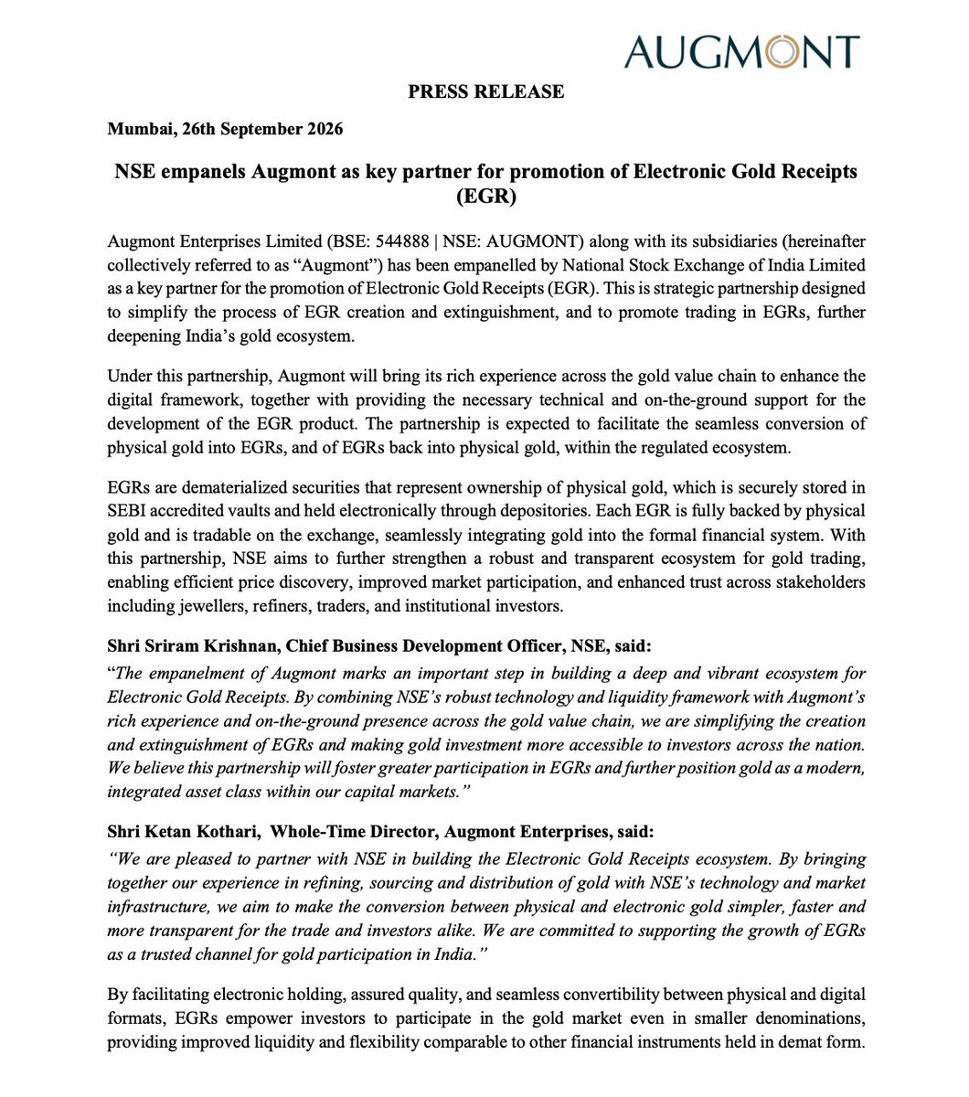 Paryan_Sharma's tweet photo. Update on Recently Listed Augmont Enterprises Ltd

The Company has been empanelled by NSE Ltd as a key partner for Promotion of Electronic Gold Receipts (EGR)

Augmont will help NSE convert physical gold into EGRs and vice a versa. They will provide technical & on-ground support for EGR Product Development

Seems like a Good Development