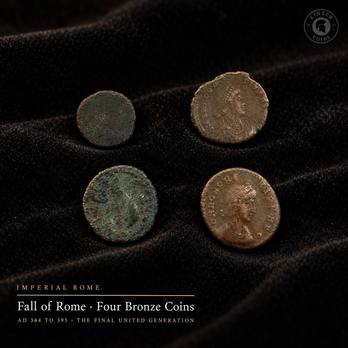 KinzerCoins's tweet photo. The last generation to see Rome united. Four bronze coins from AD 364 to 395, ending with Theodosius I, the final emperor to rule a unified empire. What would you have done differently? https://t.co/14zCP4vCn1 code NEWSUBSCRIBER 10% off. #AncientCoins #FallOfRome #RomanHistory https://t.co/s6oILKj96J