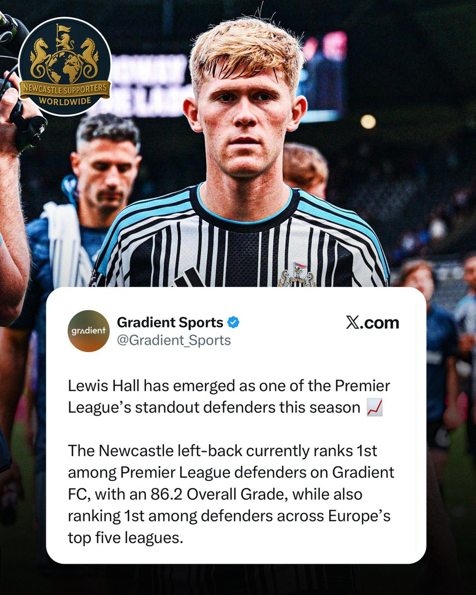 SupportersNufc's tweet photo. Lewis Hall is currently ranked as the BEST defender across Europe’s top five leagues. 🤯🖤🤍

According to Gradient FC’s player-ranking model, Hall sits:

🥇 1st of 150 Premier League defenders
🥇 1st of 738 defenders across Europe’s top five leagues
⭐ 13th of 1,931 players overall across those five leagues

That is some seriously impressive company for a lad who only turned 22 this month.

We’ve spoken plenty about how good he’s looked this season, but the numbers are backing it up too. He’s becoming such a complete modern full-back and still has so much room to develop.

Just how high is Lewis Hall’s ceiling? 🌟

#NUFC #NewcastleUnited #LewisHall #PremierLeague #England