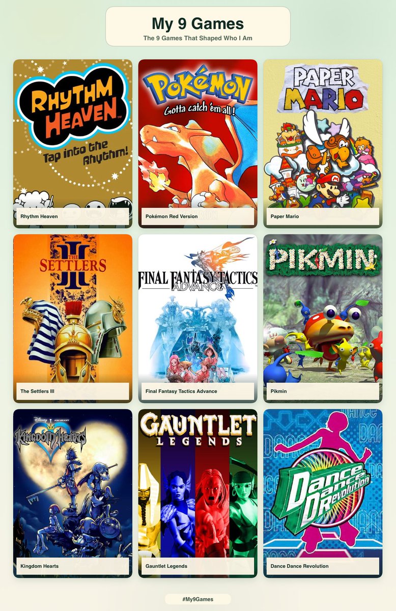 PMatatics's tweet photo. 9 games that shaped me. 

Especially Pokemon + FFTA by getting me into fanfiction and creative writing, and Kingdom Hearts for introducing me to Hikaru Utada. And of course DDR and Rhythm Heaven fostered my love of dancing and grooving to beats. https://t.co/w55dcosj9M