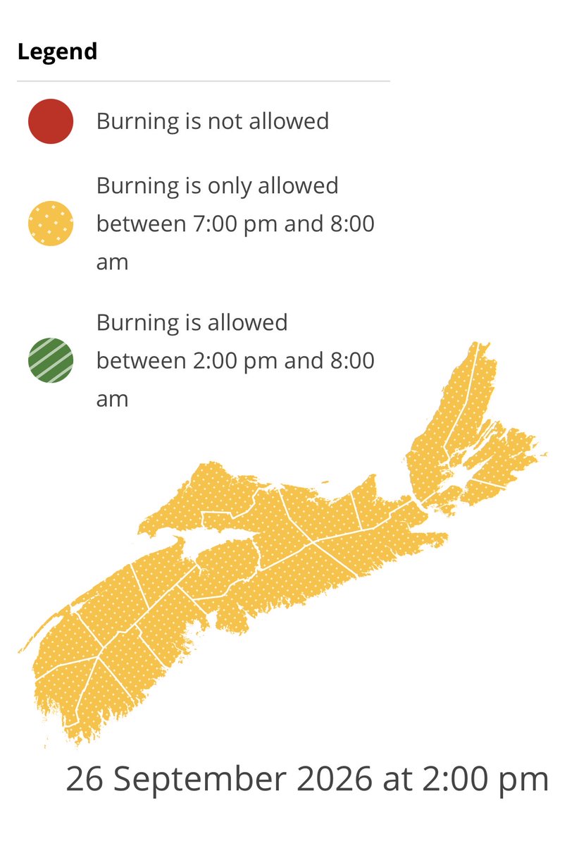 NS_DNR's tweet photo. Burning is not permitted between 8 am and 2 pm.

Check before you burn and know your municipal bylaws.

https://t.co/ei1E0TDQY0 https://t.co/eDFUmbI6Hi