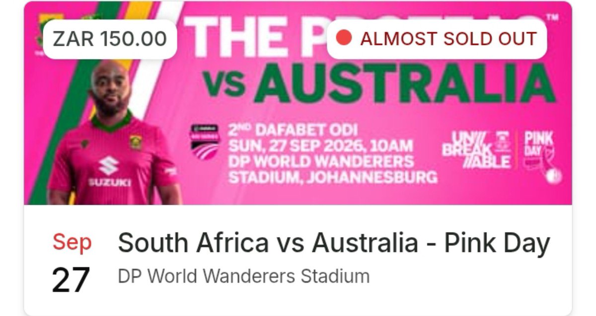 LawrenceBailey0's tweet photo. 30K people in at the bull ring tomorrow!! It's going to be mental!!! 🇿🇦🇿🇦🇿🇦🩷🩷🩷
#CricketTwitter #SSCricket #SAvAUS https://t.co/pjXEmmcUsi