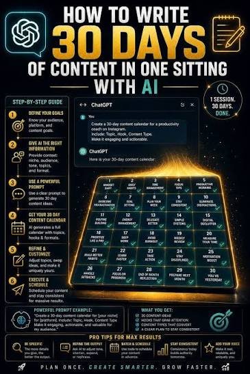 OpenAi221's tweet photo. 🚀 30 DAYS OF CONTENT — DONE IN ONE SITTING!

Stop stressing about what to post every day. 🤯

Use AI to: 🔥 Generate 30 ideas
✍️ Write hooks &amp; captions
📅 Build your content calendar
♻️ Repurpose your best content
⚡ Stay consistent

Plan once → Create faster → Grow smarter. https://t.co/rsU2iqD525
