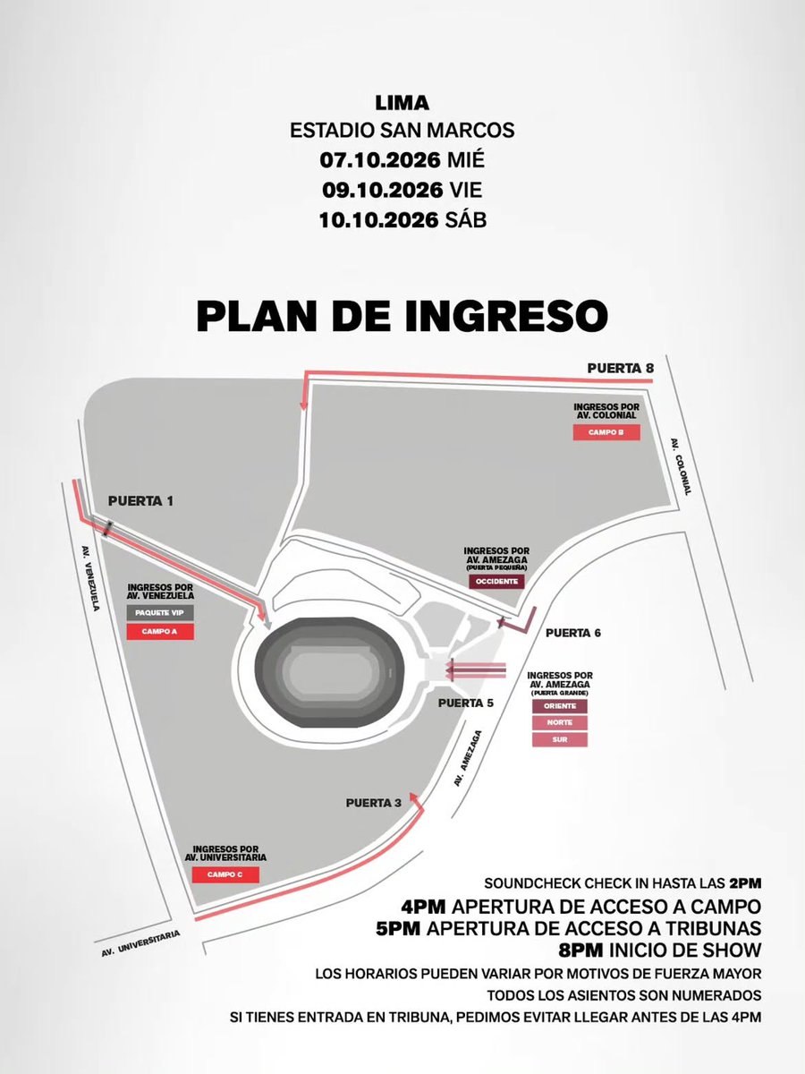 ARMYForce_Peru's tweet photo. #BTS_WORLDTOUR_ARIRANG_LIMA 🇵🇪💜
🚨 INGRESOS Y RECOMENDACIONES 🚨

Ticketmaster Perú compartió toda la información que necesitas para asistir a los shows del 7, 9 y 10 de octubre en el Estadio San Marcos.

📍 Revisa las gráficas para conocer las puertas y rutas de acceso, horarios, objetos permitidos y no permitidos, y otras recomendaciones para tu llegada.