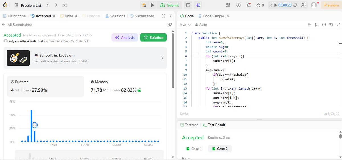 _Satya_madhavi's tweet photo. 🚀 Day 13 

Solved:
🔹 Repeated DNA Sequences
🔹 Subarrays of Size K &amp; Average ≥ Threshold
Practiced HashSet + Sliding Window.

#DSA #LeetCode #Java #100DaysOfcode https://t.co/UUII0WWkZt