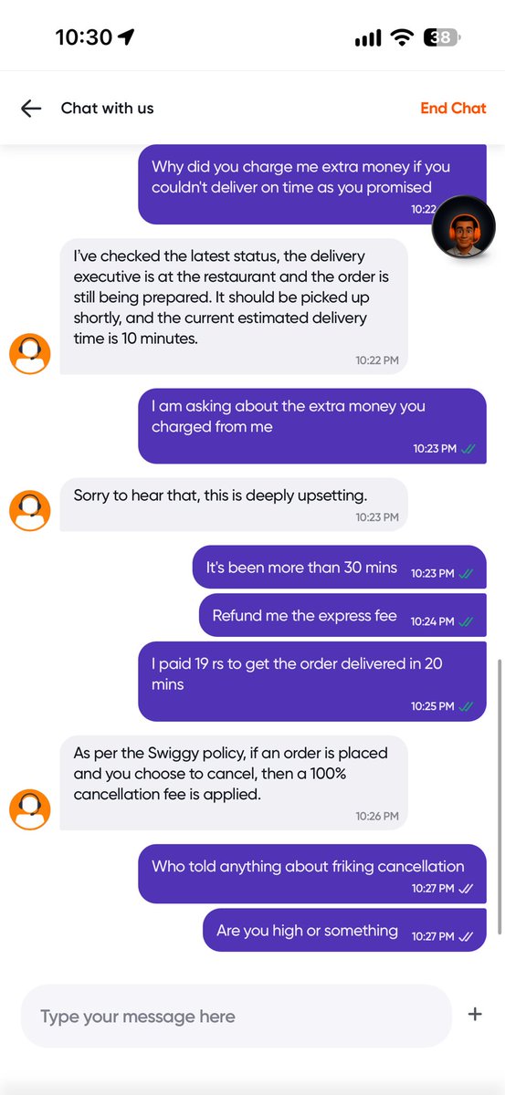 Amalmurale's tweet photo. She is high or something she is taking about cancellation and cancellation fee . You should start drug test for employees. I am attaching the screenshots of the chat. Btw till not received the order. https://t.co/7Kd9n8yuLv