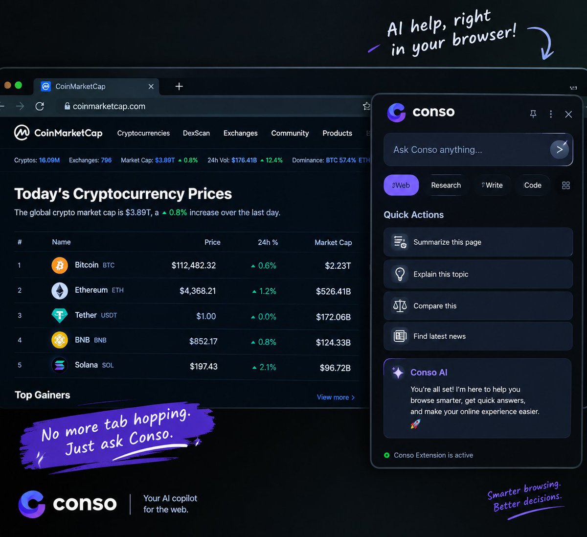Sachchi4993's tweet photo. Been using @conso_xyz more lately 👀
What I’m starting to like is having AI help available while I’m already browsing, instead of constantly switching between tabs and tools.
Small convenience, but it adds up. ⚡ https://t.co/4bfwbUu6Xv