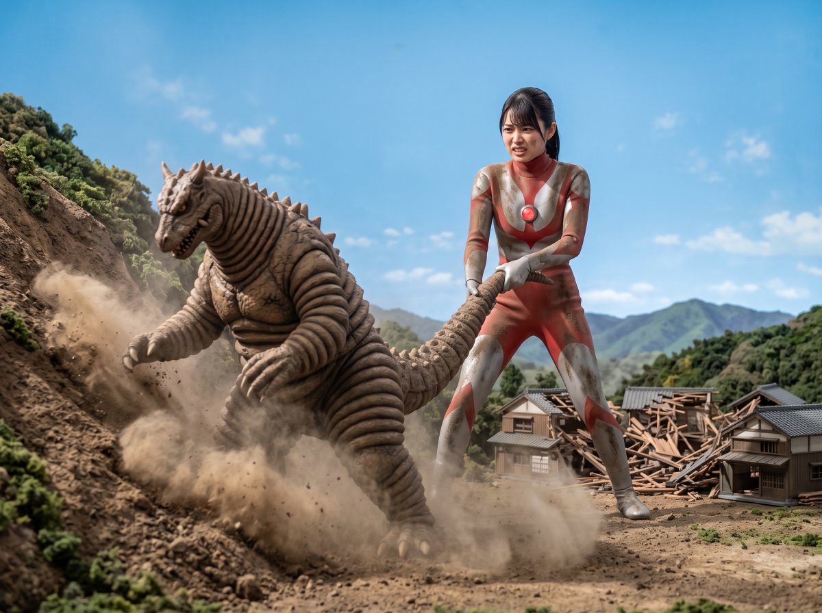 1ctDMMbp1DXk4n3's tweet photo. ウル○ラ系ヒロイン　農村での闘い⑫
「怪獣が地中に去ろうとするのを尻尾をつかんで阻止します。怪獣は私の首筋や後頭部を尻尾で連打してきます。ダメ押しのように背中や腰に尻尾を叩きつけ、山肌に大穴を掘って消えていきました。すごく悔しいですが限界が近づき、変身を解除します」
#水野凜 https://t.co/EjajHq0Xcx