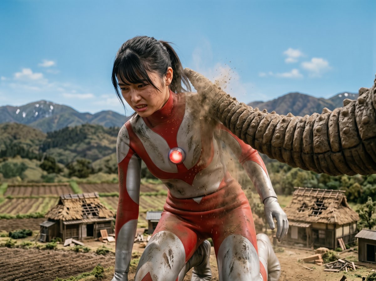 1ctDMMbp1DXk4n3's tweet photo. ウル○ラ系ヒロイン　農村での闘い⑫
「怪獣が地中に去ろうとするのを尻尾をつかんで阻止します。怪獣は私の首筋や後頭部を尻尾で連打してきます。ダメ押しのように背中や腰に尻尾を叩きつけ、山肌に大穴を掘って消えていきました。すごく悔しいですが限界が近づき、変身を解除します」
#水野凜 https://t.co/EjajHq0Xcx