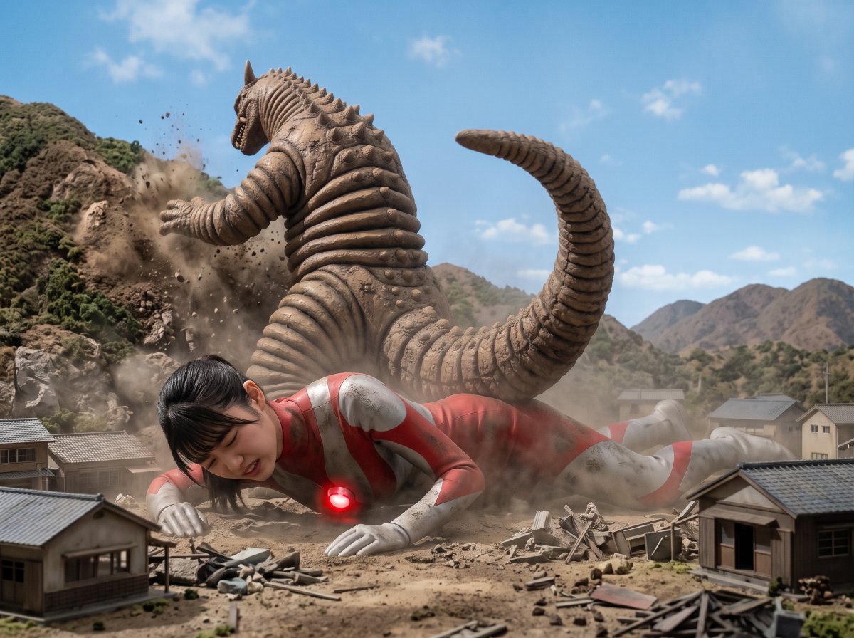 1ctDMMbp1DXk4n3's tweet photo. ウル○ラ系ヒロイン　農村での闘い⑫
「怪獣が地中に去ろうとするのを尻尾をつかんで阻止します。怪獣は私の首筋や後頭部を尻尾で連打してきます。ダメ押しのように背中や腰に尻尾を叩きつけ、山肌に大穴を掘って消えていきました。すごく悔しいですが限界が近づき、変身を解除します」
#水野凜 https://t.co/EjajHq0Xcx