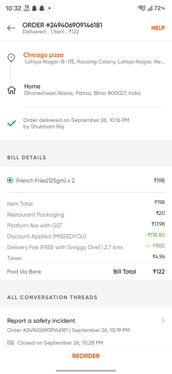 _mukeshsingh's tweet photo. @Swiggy Order #249406909146181 — I ordered 125g × 2 fries, but received visibly much less. The quality was also poor, with some fries appearing overcooked/burnt and others pale/soft. I already complained but the issue wasn't resolved. Please investigate and refund appropriately. https://t.co/4ZgFz7WQ5N