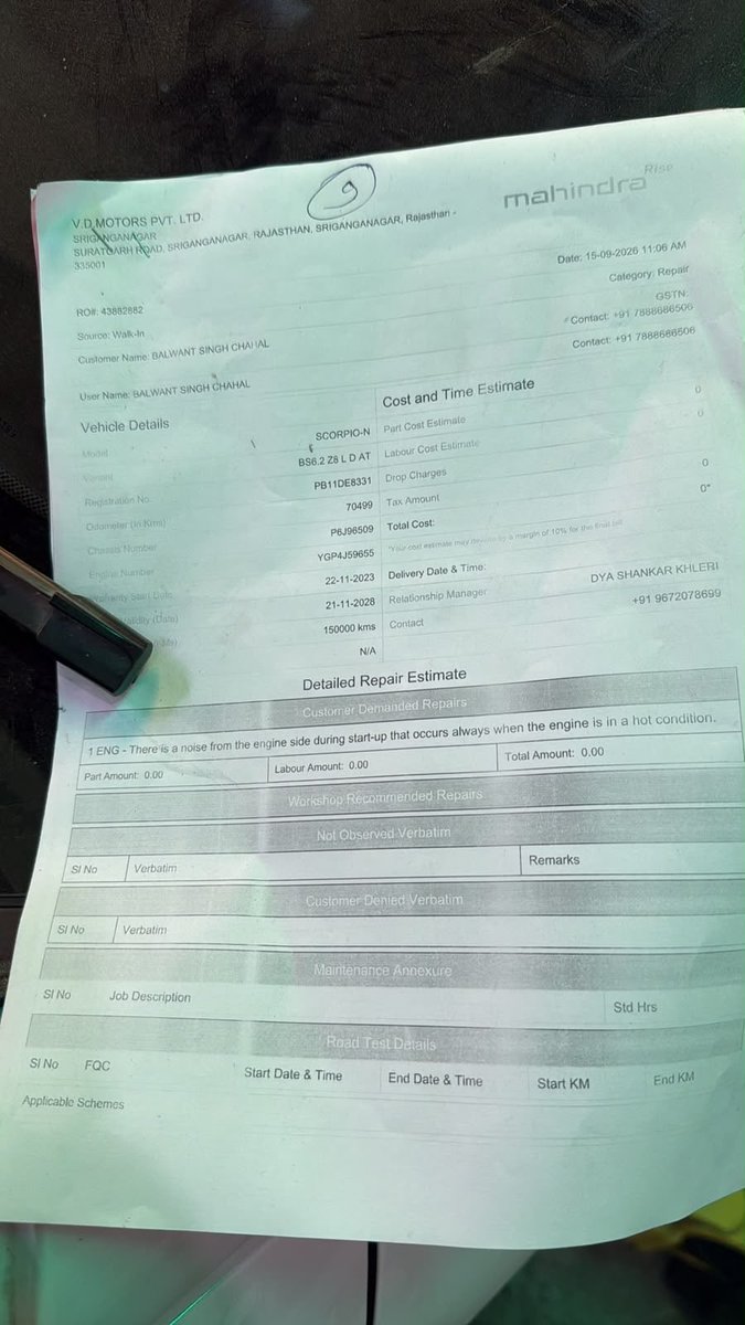 amritpunia96's tweet photo. @anandmahindra @MahindraScorpio @MahindraRise @Mahindra_Auto

Sir, I need your intervention for my 2023 Scorpio-N Z8 L D AT (PB11DE8331).

My vehicle has been at VD Motors, Ganganagar since 15 September 2026 with a major engine issue. Despite having an extended warranty sold by an authorised Mahindra dealer, I’m now being asked to bear a substantial repair cost based on alleged service-schedule non-adherence, before any inspections or estimates.

The vehicle was serviced at ~65,173 km by authorised Mahindra dealer Raj Motors, Zirakpur. No engine concern or warranty restriction was ever communicated. Instead, they recommended and sold me an extended warranty for ~₹55,000, extending coverage to 2028.

Later, I was asked to coordinate between the two authorised Mahindra dealerships by myself instead of being provided with customer-oriented services. 

After escalating this issue from authorised dealers all the way to Mahindra, we were reassigned to the same person whom we had already dealt with, who has been and is continuously deflecting from the main issue and, on top of that, is actively gaslighting and trying to shift blames.

Mahindra claims principles like *“Customer First”* and *“Quality Focus”*, with fairness, trust and transparency at the core.

@anandmahindra, I’m simply asking Mahindra to uphold those principles.
Please have Mahindra review the complete case and intervene for a fair and appropriate resolution.

#Mahindra #ScorpioN #MahindraScorpioN #CustomerExperience