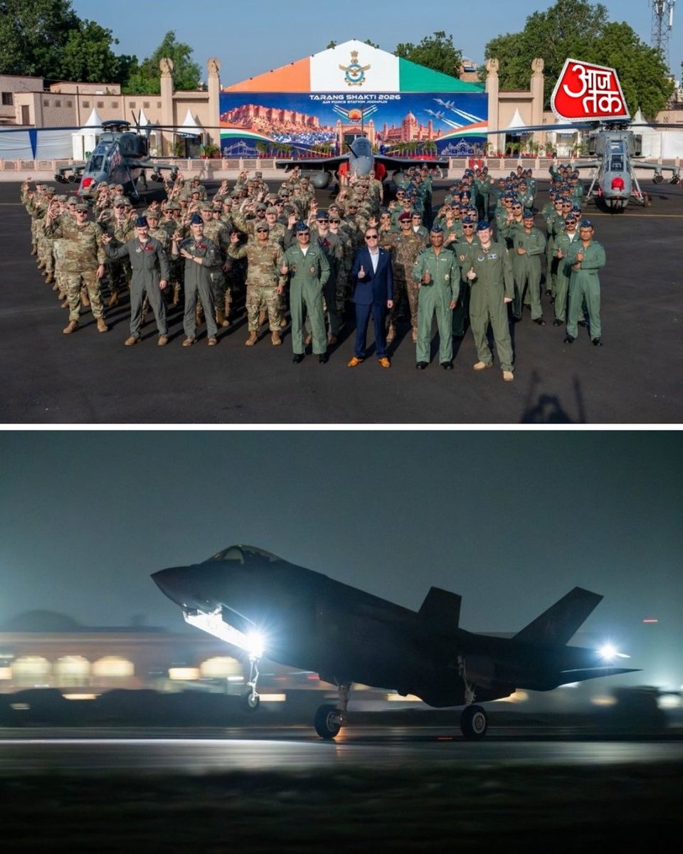 aajtak's tweet photo. जोधपुर में अमेरिका के छह F-35 Lightning II लड़ाकू विमान और 200 से अधिक अमेरिकी एयरमैन पहुंचे हैं। भारत में पहली बार F-35 विमान Exercise Tarang Shakti में हिस्सा लेंगे।

अमेरिकी राजदूत सर्जियो गोर ने इसकी जानकारी साझा करते हुए कहा कि ये पांचवीं पीढ़ी के लड़ाकू विमान भारतीय वायुसेना और अन्य साझेदार देशों की सेनाओं के साथ अभ्यास में शामिल होंगे।

#F35 #F35LightningII #USAirForce #UnitedStates #India #Jodhpur #TarangShakti #ExerciseTarangShakti
#IndianAirForce