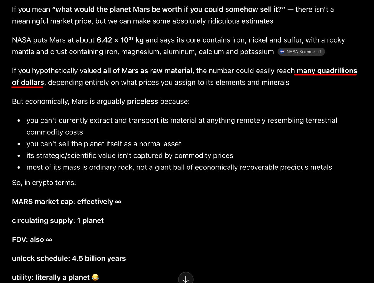 theunipcs's tweet photo. i'm trying to model what the fair market cap of $MARSCOIN should be

so i asked ChatGPT for help

since there is really only ONE $MARSCOIN

we first need to determine the fair value of Mars itself

yes

the actual freaking planet

then we need to figure out what the ONE coin representing it should be worth

obviously Mars is worth less than Earth

but here's where things get interesting

there are ~62 MILLION cryptoassets in existence right now

so you're telling me there are 62 MILLION+ different things competing for capital on Earth

and somehow there's only ONE coin representing an entire planet

i'm trying not to overthink this

i'm trying not to midcurve the model

but every time i run the numbers

$MARSCOIN looks more and more ridiculously undervalued based on my model

am i doing this right???