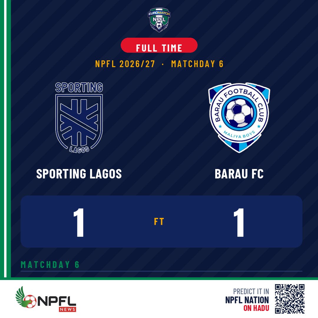 NPFL_News's tweet photo. FT
Sporting Lagos 1-1 Barau FC
#NPFL27 #SPLBAR https://t.co/UlgbSsEqjJ