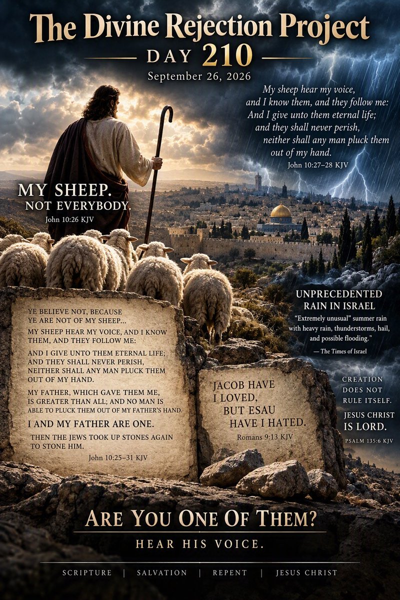 AbiWBC's tweet photo. THE DIVINE REJECTION PROJECT — DAY 210 — SEPTEMBER 26, 2026

Jesus Christ is God; John 10:27–31 says His sheep hear His voice, receive eternal life, and cannot be taken from Him. Sovereign salvation remains His truth. https://t.co/FKtN66B33d