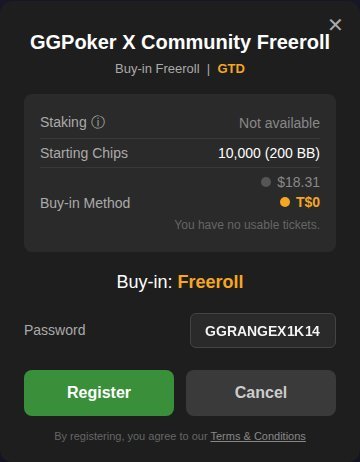 GGPoker's tweet photo. How to enter:
✅ Open the GGPoker client
✅ Search: GGPoker X Community Freeroll
✅ Enter password: GGRANGEX1K14 https://t.co/gPsQIfGT55