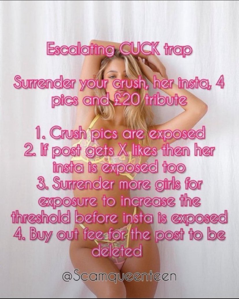 xGorgeousTrap's tweet photo. Where you have to keep exposing girls to me in order to stop them being exposed 😈

We can agree a buyout fee.. e.g. total number of likes * $15

Who’s going first?

#Cuck #cuckold #wankchat #hotwife #nsfw #nsfwtwt #bbc #bnwo #findom #horny #goon #gooner #feargasm #catfish #scam https://t.co/liWQGt1wxg