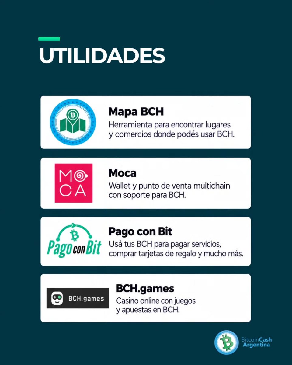 BCHArgentina's tweet photo. 💚 Esto es solo una parte del ecosistema BCH.
Hay muchas herramientas para explorar, usar y disfrutar Bitcoin Cash.
👇 Contanos:
¿Cuál probaste y cuál recomendás?
Tu experiencia puede ayudar a otros miembros de la comunidad 🌱 https://t.co/cQlRQxQYJz