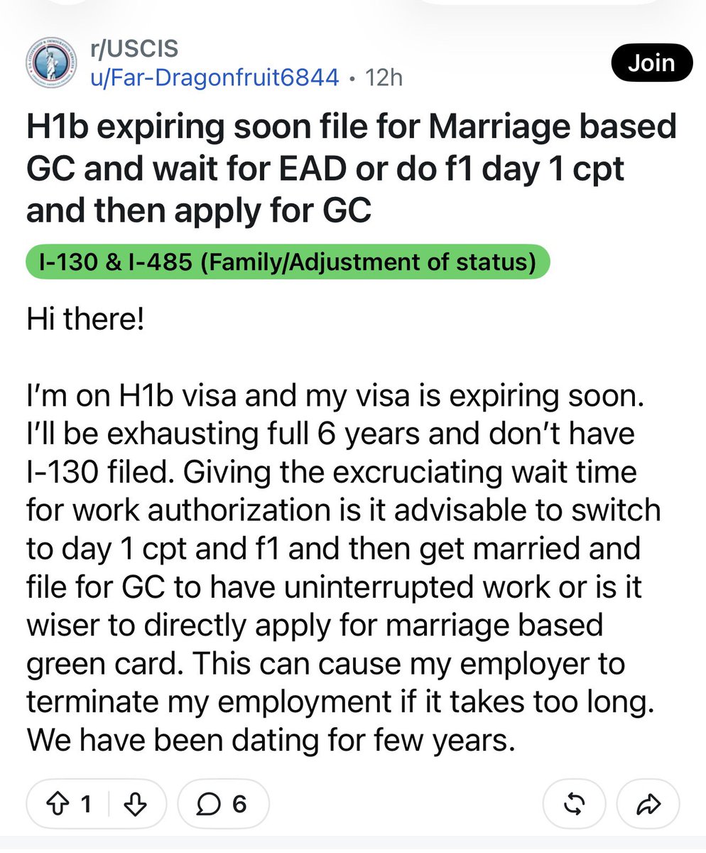 SanDiegoKnight's tweet photo. 🚨 HOW MANY IMMIGRATION LOOPHOLES CAN YOU FIT INTO ONE POST?

An H-1B worker is about to hit the 6-year limit.

The proposed plan:

H-1B expires.
Switch to F-1.
Enroll in a Day 1 CPT program.
Keep working.
Get married.
File for a marriage-based green card.

All to maintain work authorization in the U.S.

At some point, you have to ask whether these are separate programs or an interconnected system of workarounds.
