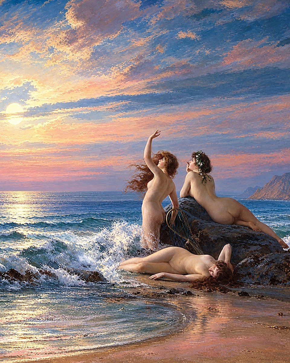 AlexandraSoro's tweet photo. "Sirens by the Sea" (ca. 1896) 
By Victor Karlovich Shtemberg. 🖌️🌹
Russian painter. (1863–1917) 
Private Collection. https://t.co/a6QsfUlDIG