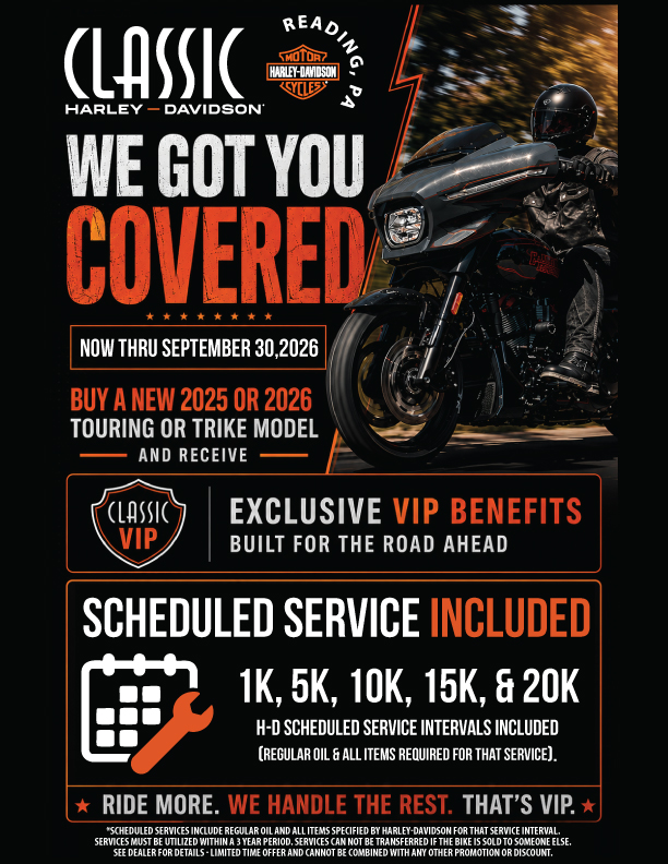 CHDofReading's tweet photo. Ride Like a VIP! This September, We Got You Covered! Purchase a new 2025 or 2026 Harley-Davidson Touring or Trike model between Sept 1 and 30th and receive a FREE 3-Year Unlimited Mileage Service Plan. See dealership for details. #chdofreading https://t.co/BePYPZxX9L https://t.co/HvxRS0f8Iw