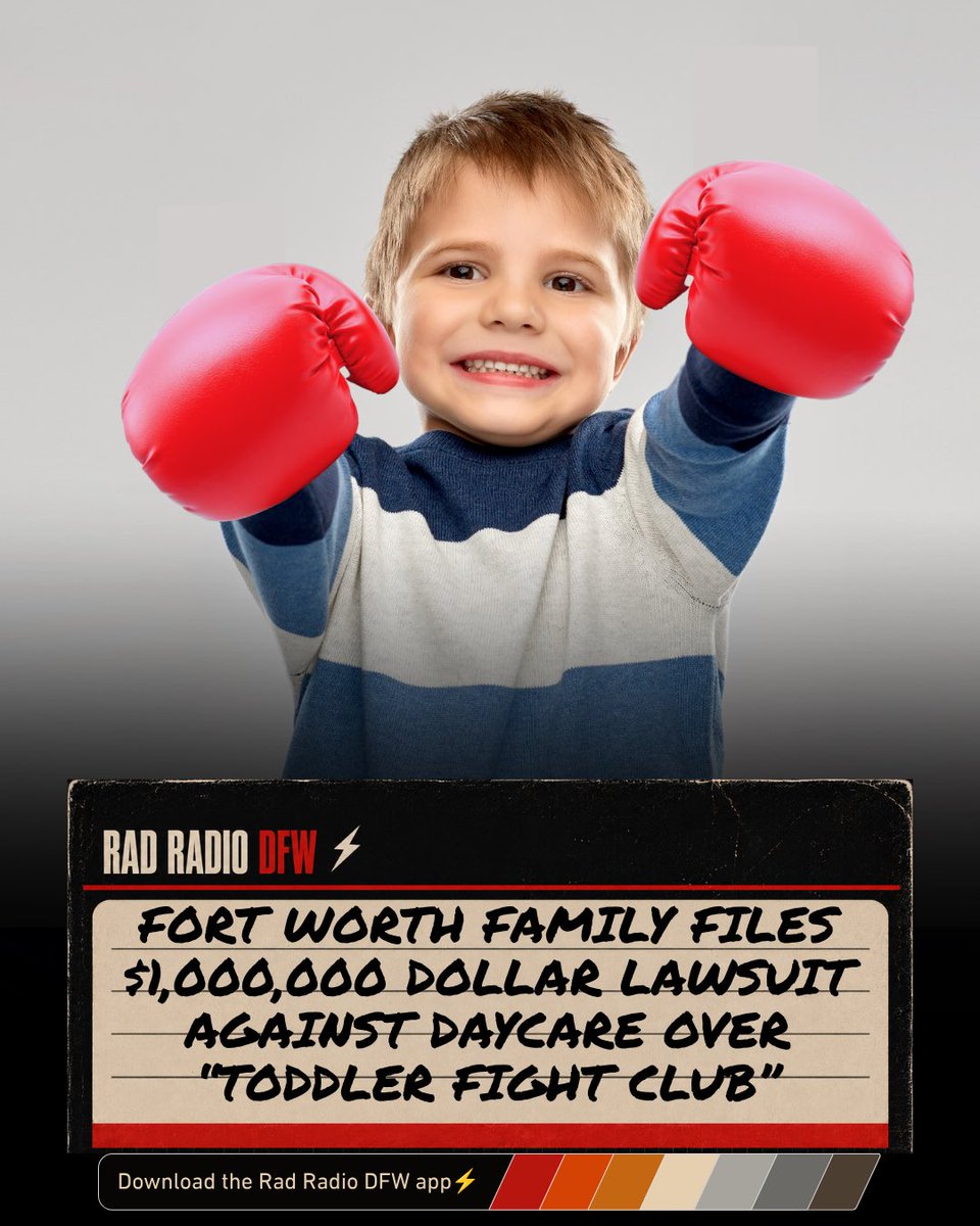 RadRadioDFW's tweet photo. What’s the first rule of toddler fight club? You don’t talk about toddler fight club! I mean, I am Jack’s complete lack of understanding. 
FW family has filed a $1 million lawsuit against Arka Montessori Academy of Risinger, accusing a sub teacher of running a "child fight club". https://t.co/OiEAhbDNAF