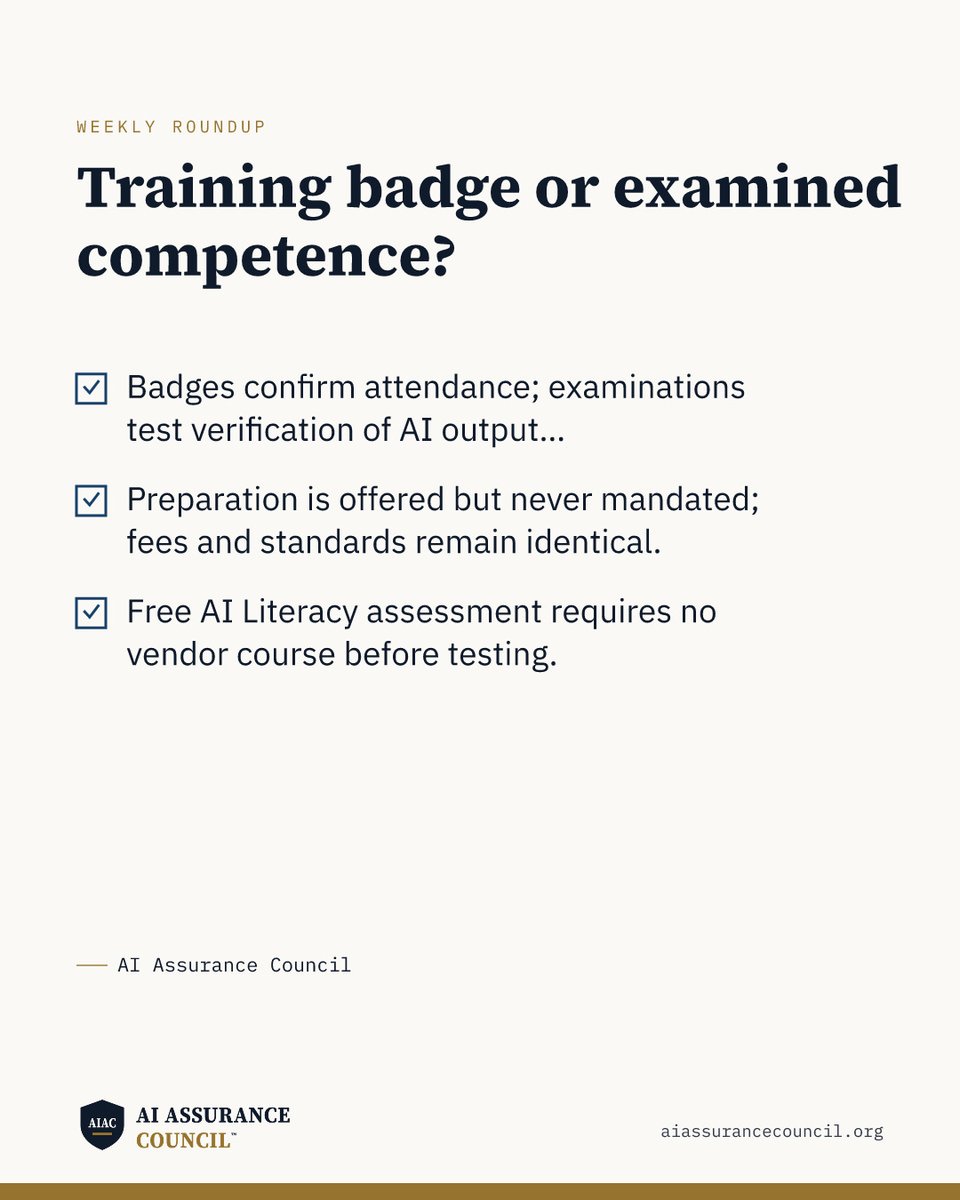 TheAIACouncil's tweet photo. A completion badge shows someone attended a course, not whether they can verify an AI figure before it reaches the general ledger.

1. Attendance versus verification: Vendor badges confirm module completion, whereas an independent examination tests whether you catch flawed calculations and reconcile model outputs before reliance.

2. Preparation without mandate: The Council examines and does not sell required courses. Preparation is offered but never required, sitting fees are identical, and assessors never know which path a candidate took.

3. Immediate assessment: The free AI Literacy Certificate requires no prerequisite vendor training. Finance professionals take the 30-question assessment directly to establish a verified baseline.

What to watch next week: how internal control teams document verification thresholds for AI-assisted journal entries.

Read the syllabus, take the free AI Literacy assessment, or verify any credential on the public register at https://t.co/1jY6mohiy1.

#AIinFinance