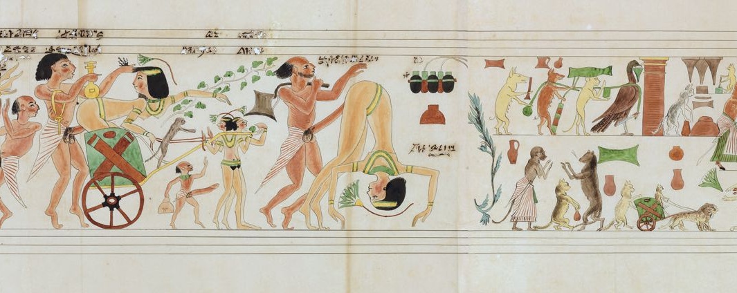 Athanasius_45's tweet photo. A reconstruction of the Turin Erotic Papyrus, a painted scroll from ancient Egypt featuring various satirical scenes, one of the first documents of this kind. Ca. 1150 BC. https://t.co/k85vfuuTVd