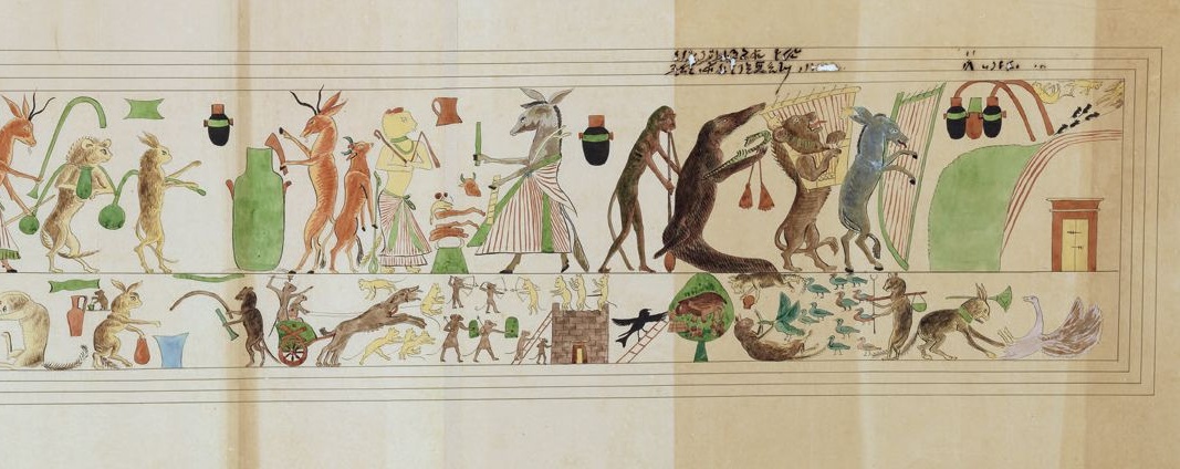 Athanasius_45's tweet photo. A reconstruction of the Turin Erotic Papyrus, a painted scroll from ancient Egypt featuring various satirical scenes, one of the first documents of this kind. Ca. 1150 BC. https://t.co/k85vfuuTVd