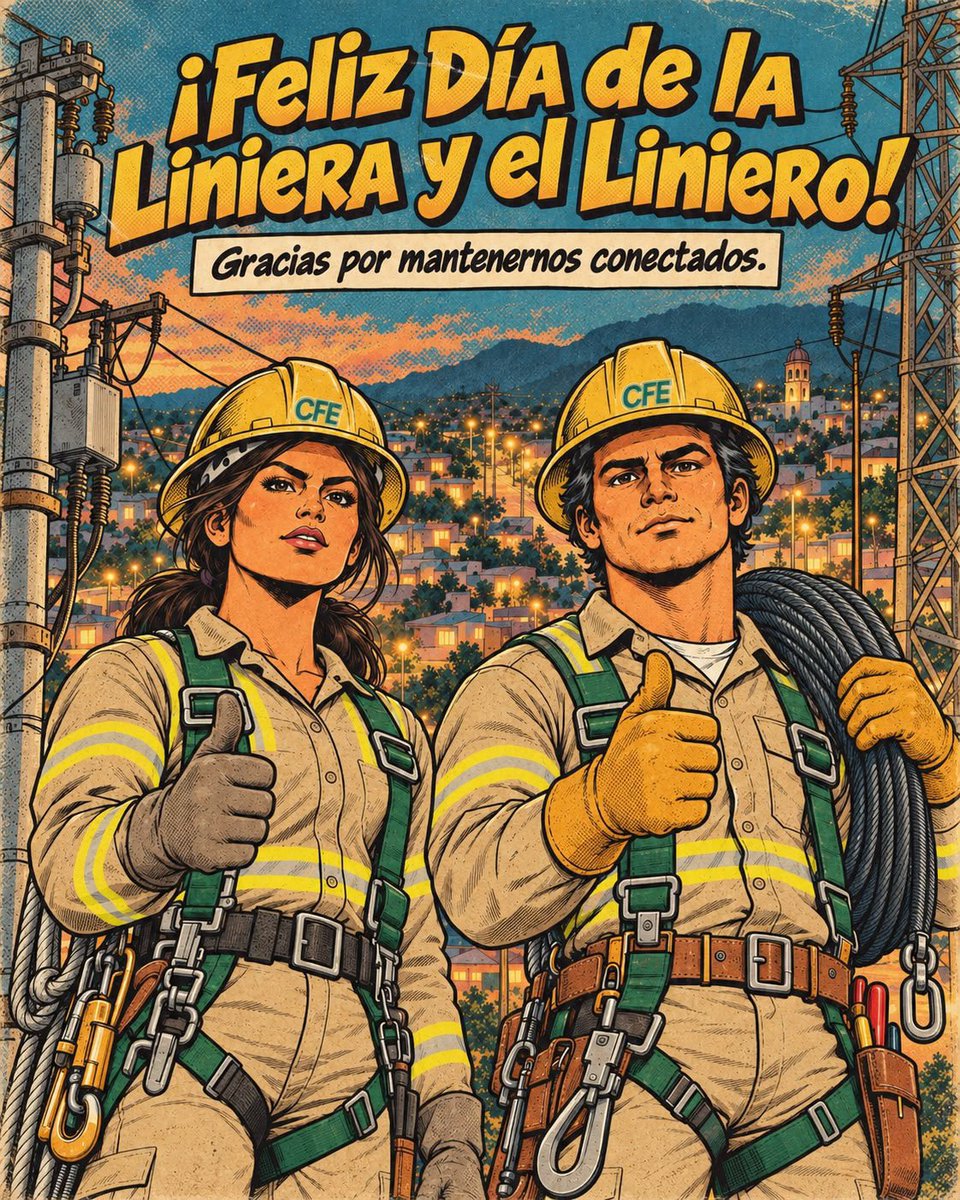 CFEmx's tweet photo. 💡 Detrás de cada luz encendida hay manos, experiencia y mucho trabajo. ⚡💚

Hoy celebramos a las y los linieros de la CFE, que se la rifan todos los días para mantenernos conectados.

¡Feliz Día de las y los Linieros! 👷‍♀️👷‍♂️ https://t.co/iemtA9DXO4