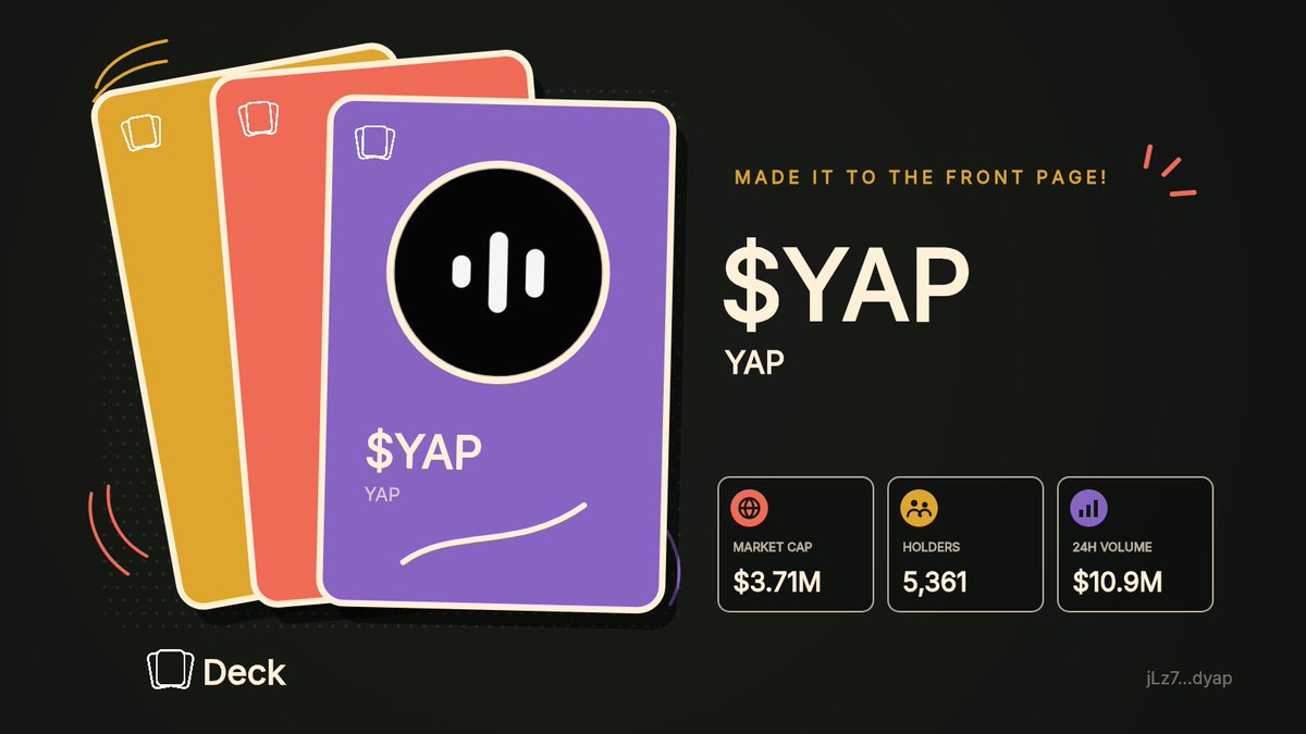 deckfrontpage's tweet photo. $YAP is on the front page of Deck!

YAP
Market Cap: $3.71M, Holders: 5,361

jLz71QZfjnZZMLjUaCBw7KmUyftkkNq8NkWi2u9dyap

https://t.co/IPLZSmJ9Hs

Follow @deckdotfun to learn more about Deck. https://t.co/7MXYW1jROP