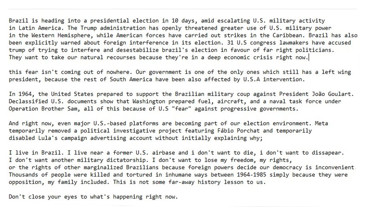 husk1tty's tweet photo. Hi no funny tweets rn because my country is genuinely dealing with fears of another military coup/intervention.

If you're my oomf and you actually like me, my art, my tweets, whatever it is, PLEASE SPEAK UP about Brazil. please don't just scroll past this!!! https://t.co/gQY7LMCrvM