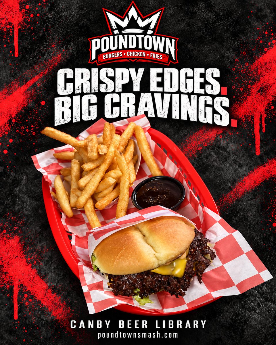 PoundtownSmash's tweet photo. Crispy edges. Melty cheese. Golden fries. 🍔🍟

Your next craving, courtesy of Poundtown Smashburgers.

📍 Canby Beer Library https://t.co/66WmRxXnYt
