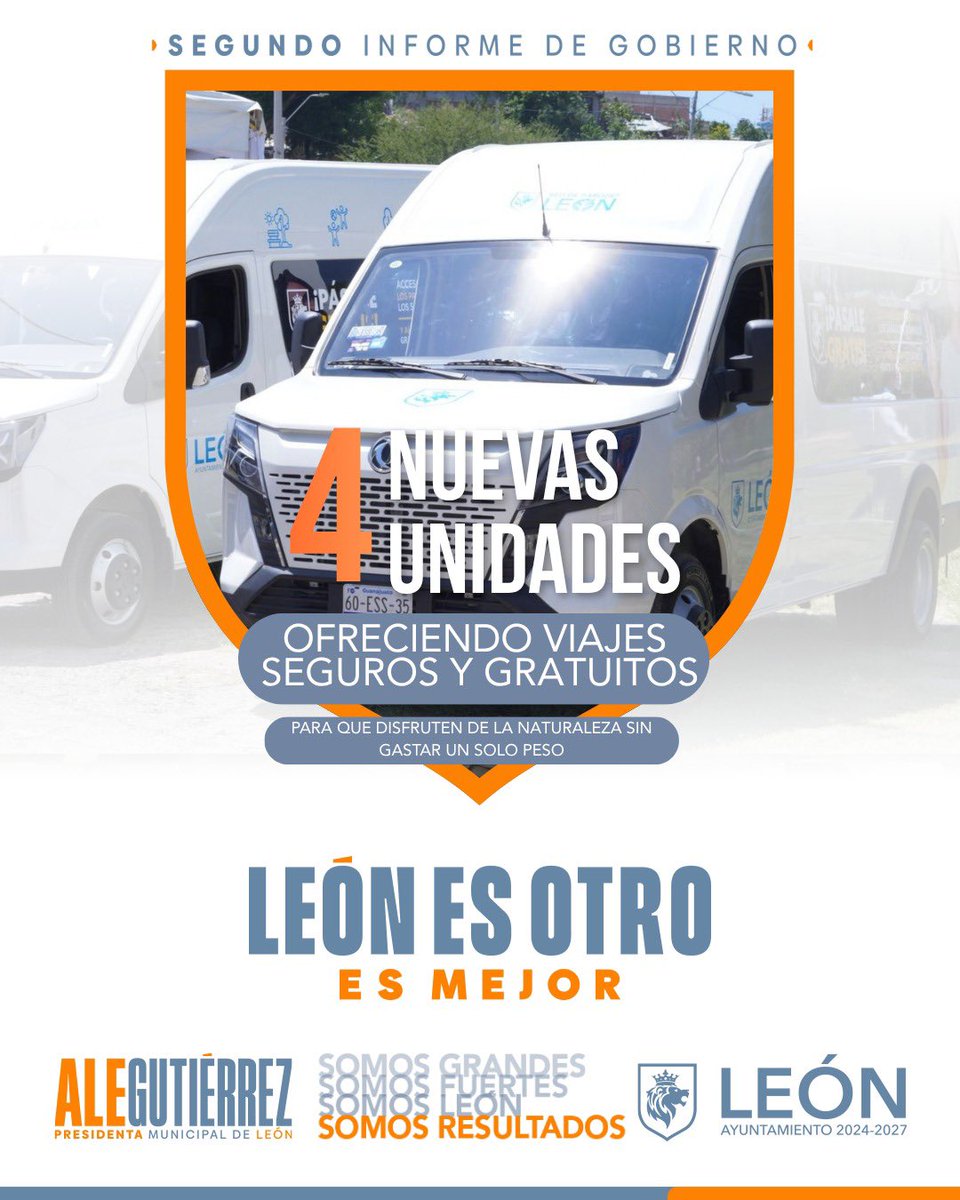 parquesleon's tweet photo. Ir a los parques en familia es más fácil. Con 4 modernas unidades ofrecemos viajes gratuitos cada fin de semana. ¡Disfruta la naturaleza sin gastar en transporte!

#SomosGrandes #SomosFuertes #SomosLeón #Somoscercanos #2InformeAle #LeónEsMejor 

@AleGutierrez_mx 
@municipio_leon https://t.co/EBf3R2wbVd