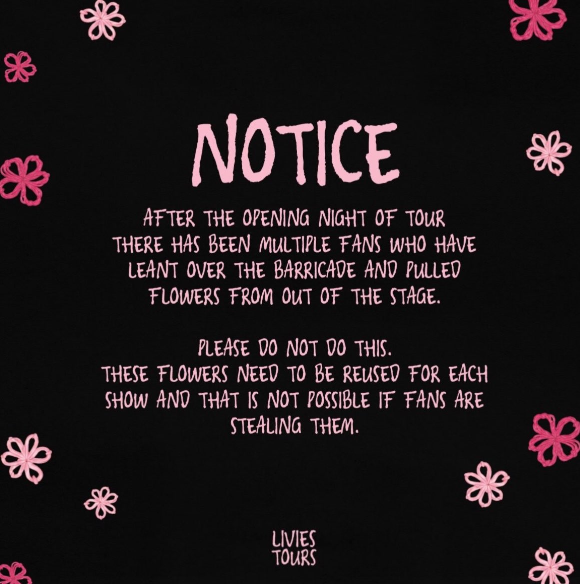 oliviasjoy_'s tweet photo. DO NOT TOUCH THE STAGE OR THE FLOWERS !!!!!!!! #OliviaRodrigo #TheUnraveledTour @LiviesHQ 

BE RESPECTFUL!!!!!!! https://t.co/upIFE3u8To