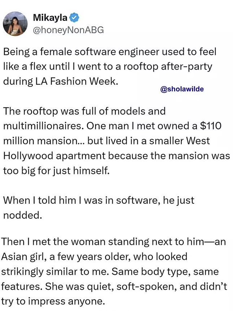 Cr7Godbrand's tweet photo. Let me explain, lol. 

She was trying to impress a rich man with a career he couldn’t care less about, while another woman impressed him without even trying. That’s the part she didn’t see coming.

The girl was using her job as a flex, only to realize that the dude making a boatload of money the very man she was trying to impress cared more about a woman’s feminine demeanor than her professional accomplishments.

That’s why the other girl stood out without even trying to impress him.

To her, being a woman succeeding in a male-dominated field is a flex because it proves she’s tough enough to hang with the men. And professionally, that’s absolutely an accomplishment.

But what she failed to understand is that professional status and romantic attraction aren’t necessarily the same currency. 

The wealthy men she desires may not value her career the way she expects them to. Some care far more about femininity, personality, warmth, and demeanor.

She was flexing what impressed HER, not realizing it wasn’t what attracted HIM. When we tell them we don’t care about their career, they think we hate them.