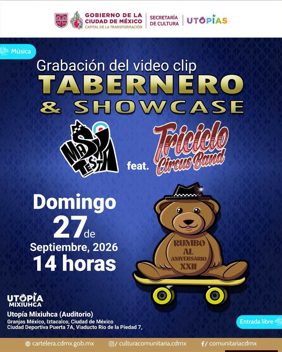 Radio_TRock's tweet photo. Mañana entrada libre para la grabación del vídeo de "TABERNERO" de Maskatesta junto a Triciclo Circus Band 🔥🔥

🇯🇲 NOTA IMPORTANTE: EL ACCESO SERÁ A LA 1 PM ESTO CON LA FINALIDAD DE ACOMODAR A TODAS LAS PERSONAS QUE VAYAN LLEGANDO AL AUDITORIO.

#music #rock #radiotrock #ska https://t.co/0pqwJfQKqh