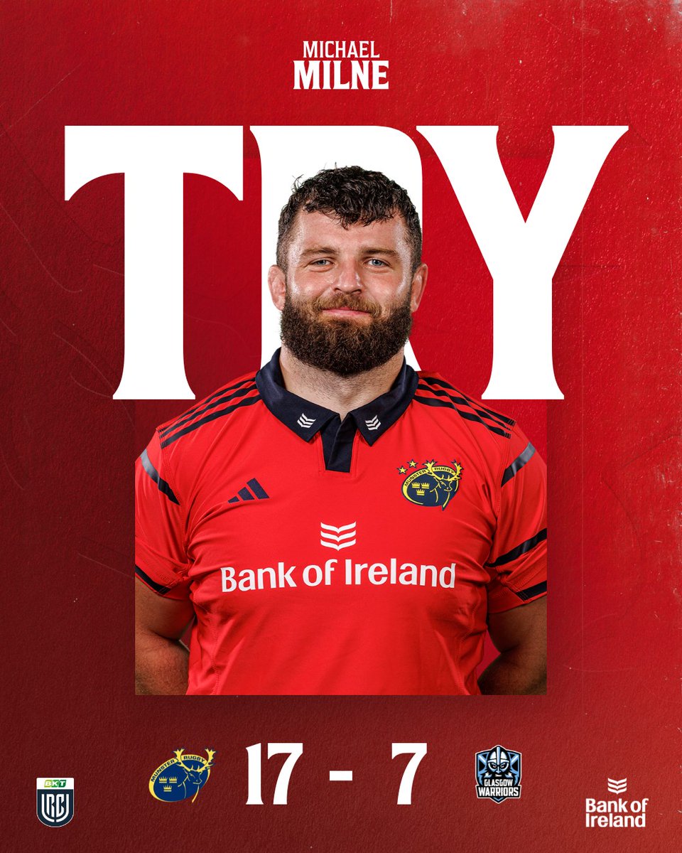 Munsterrugby's tweet photo. TRY! Mikey Milne scores from close-range &amp; JJ lands another superb conversion.

Munster 17-7 Glasgow Warriors

Follow live: https://t.co/ZZSIZS3sHg

#MUNvGLA | #SUAF 🔴 https://t.co/TlUSEjv4lo