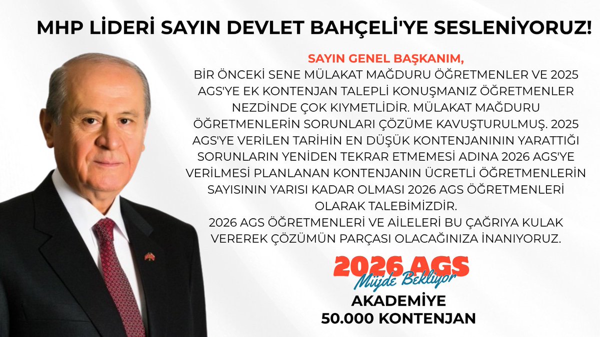 AGSkontenjan's tweet photo. Atama bekleyen gençlerin gözü meclistedir. 2026 AGS atamalarında 50 bin kadronun verilmesi hususunda MHP Lideri Sayın Devlet Bahçeli'den desteklerini rica ediyoruz. @RTErdogan @Yusuf__Tekin @oktay_saral @dbdevletbahceli @PrfDrFilizKilic @MHP_Bilgi #DevletBeyAGS50Bin https://t.co/tyWl8QnDbz